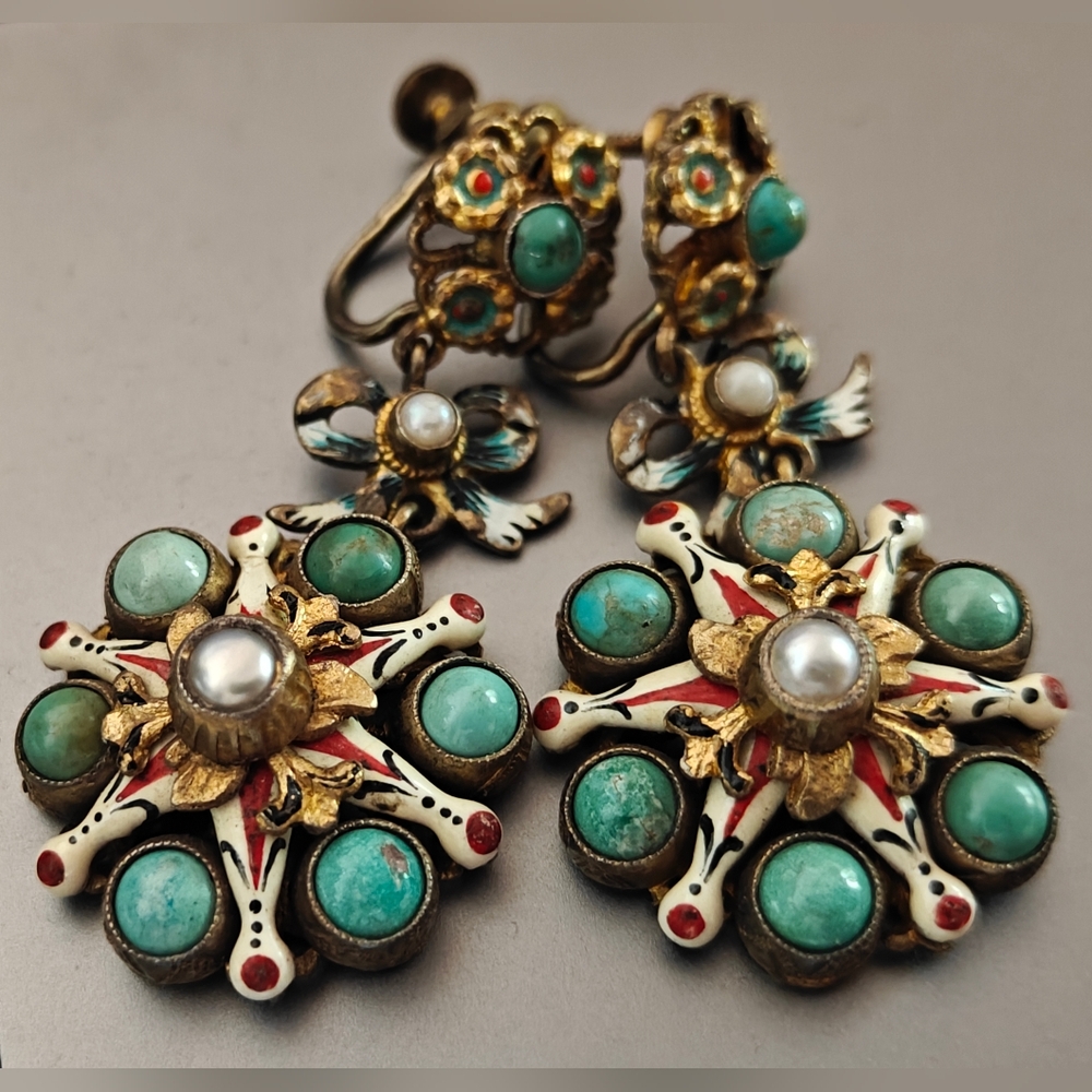 Antique Austro Hungarian Turquoise and Pearls Gold Over Silver Floral Earrings